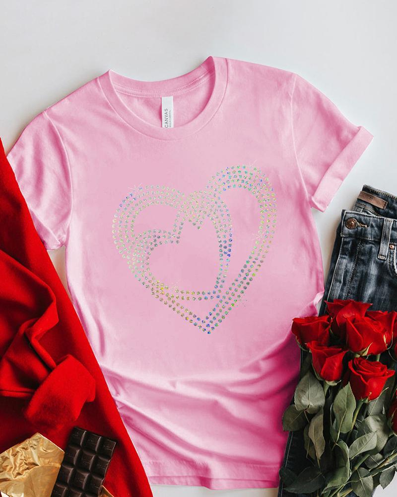 

Valentine' Day Rhinestone Heart Pattern Short Sleeve Top, Pink