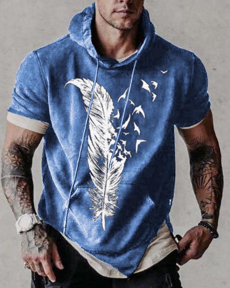 

Feather Print Short Sleeve Loose Hooded Sweatshirts, Blue