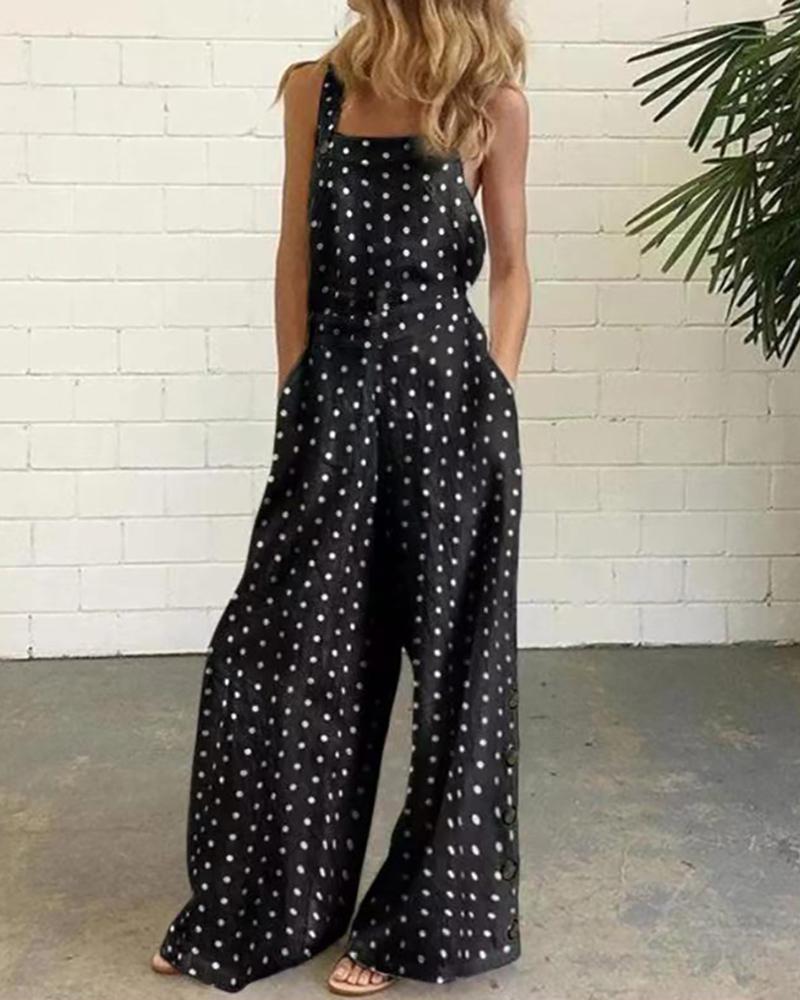 

Polkadot / Tropical Print Pocket Design Wide Leg Jumpsuit, Black