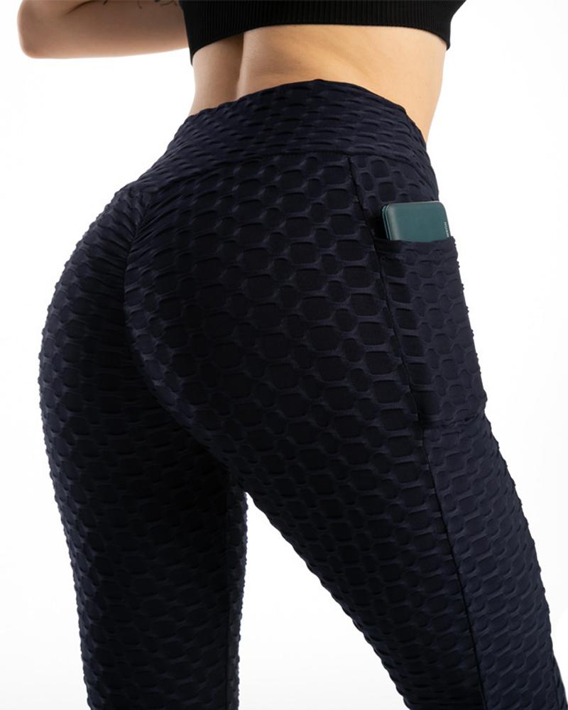 

Pocket Side High Waist Scrunch Butt Lifting Honeycomb Yoga Pants, Purplish blue