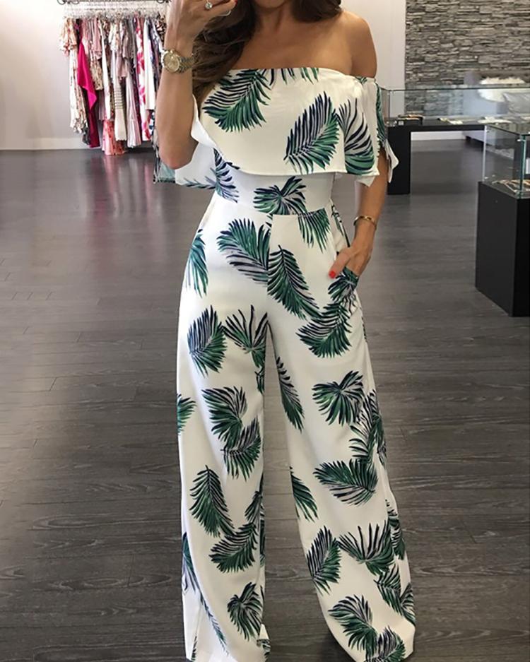 

Fashion Print Frilled Off Shoulder Flared Jumpsuit, Green