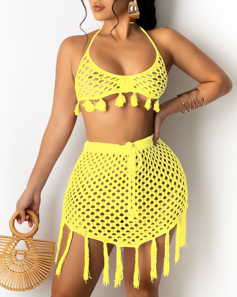 

Halter Backless Knit Tassel Design Cover Up Set, Yellow