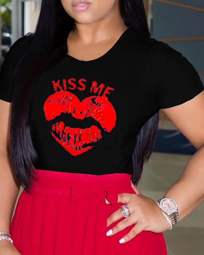 

Lip Letter Print Short Sleeve Casual T-shirt, Black