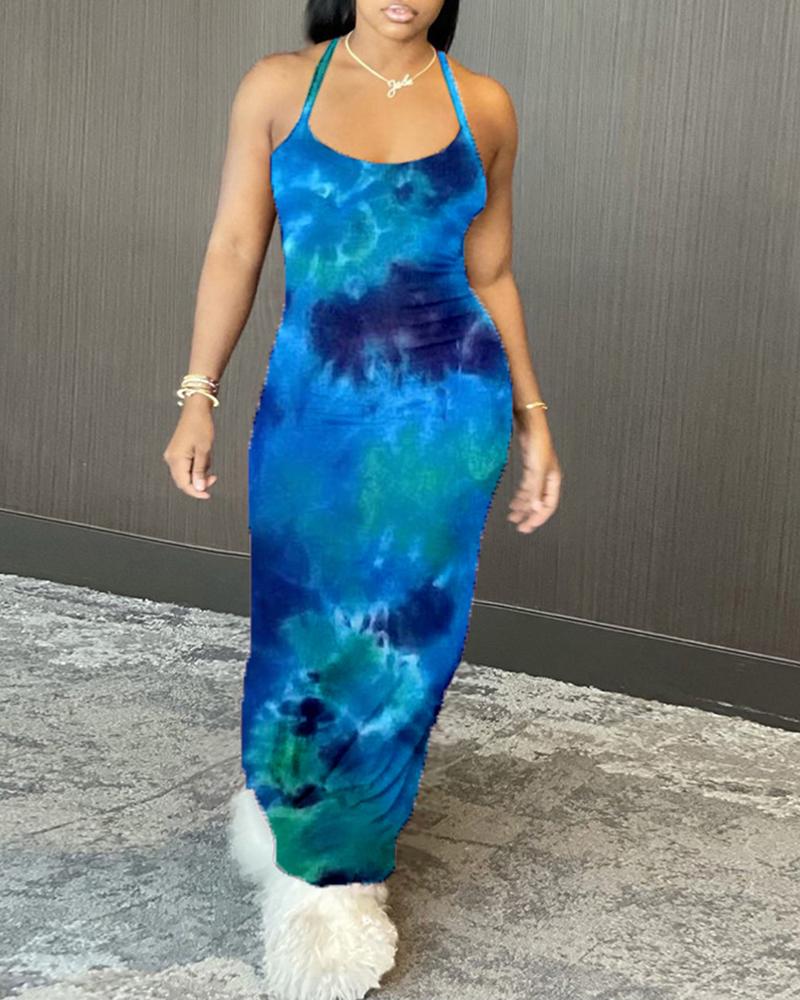 

Halter Tie Dye Print Maxi Dress, Dark blue