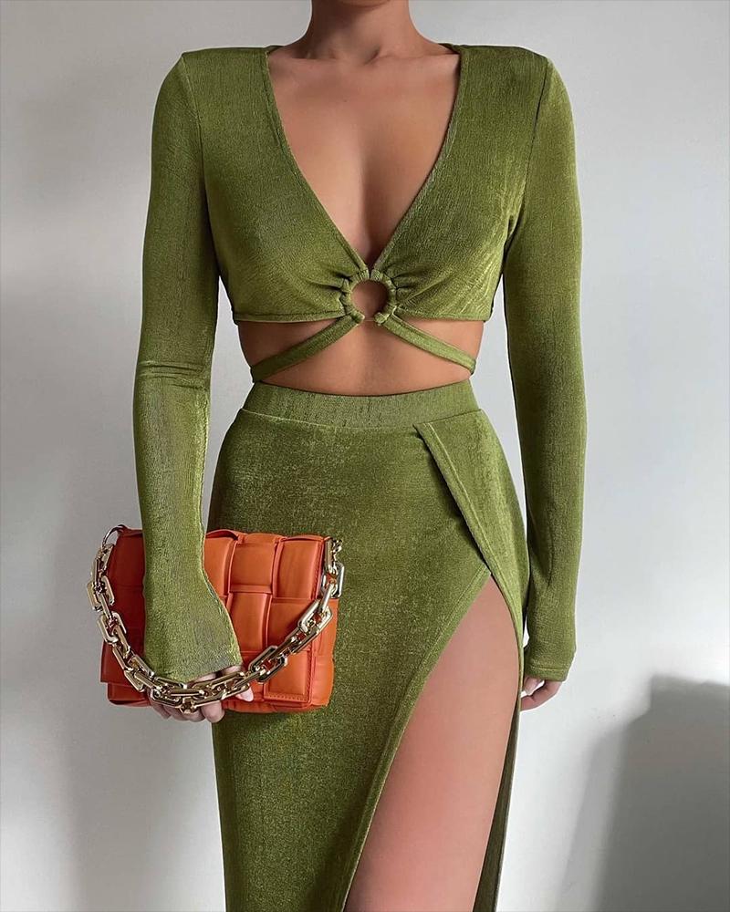 

O-Ring V-Neck Cut-Out Crop Top & Split Thigh Skirt Set, Green