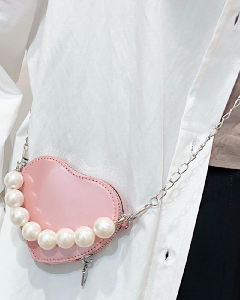 

Pearls Beaded Heart-shaped Chain Strap Crossbody Bag, Pink