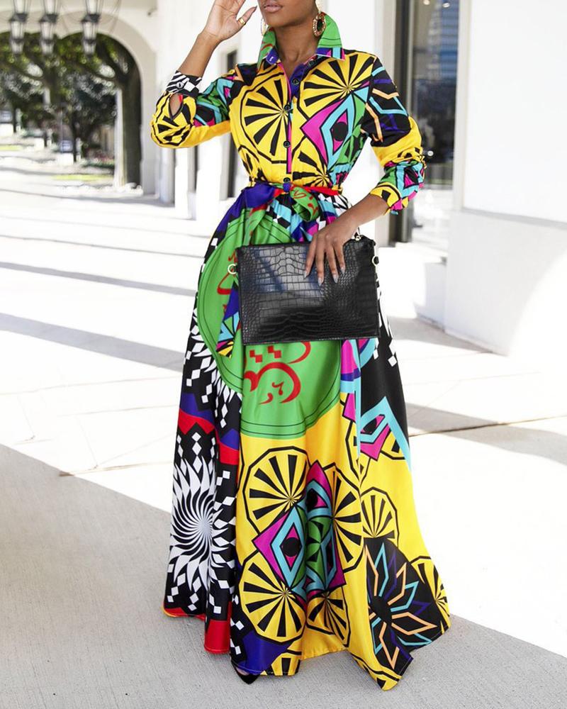 

Graphic Print Buttoned Long Sleeve Maxi Dress, Yellow