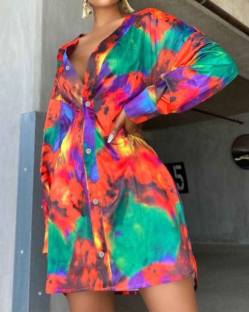 

Tie Dye Long Sleeve Button Front Shirt Dress, Multicolor