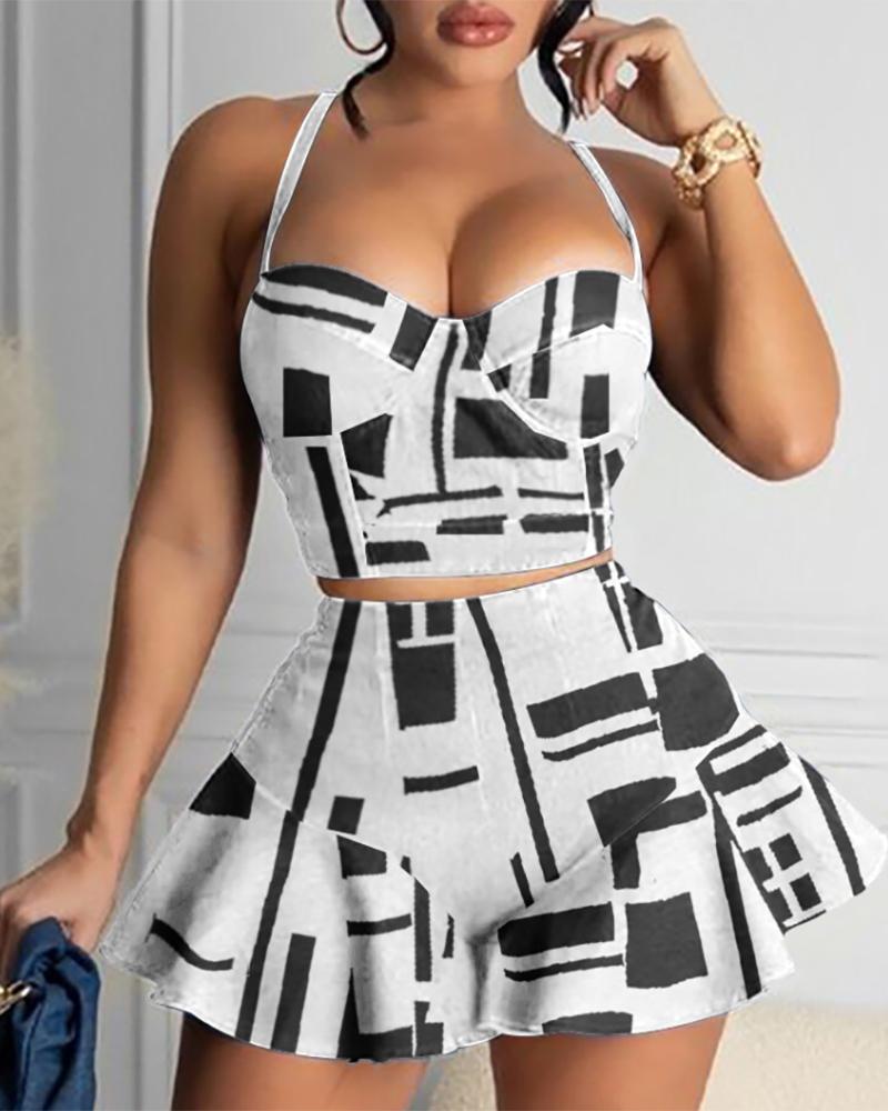 

All Over Print Halter Crop Sleeveless Top & Skirt Sets, White