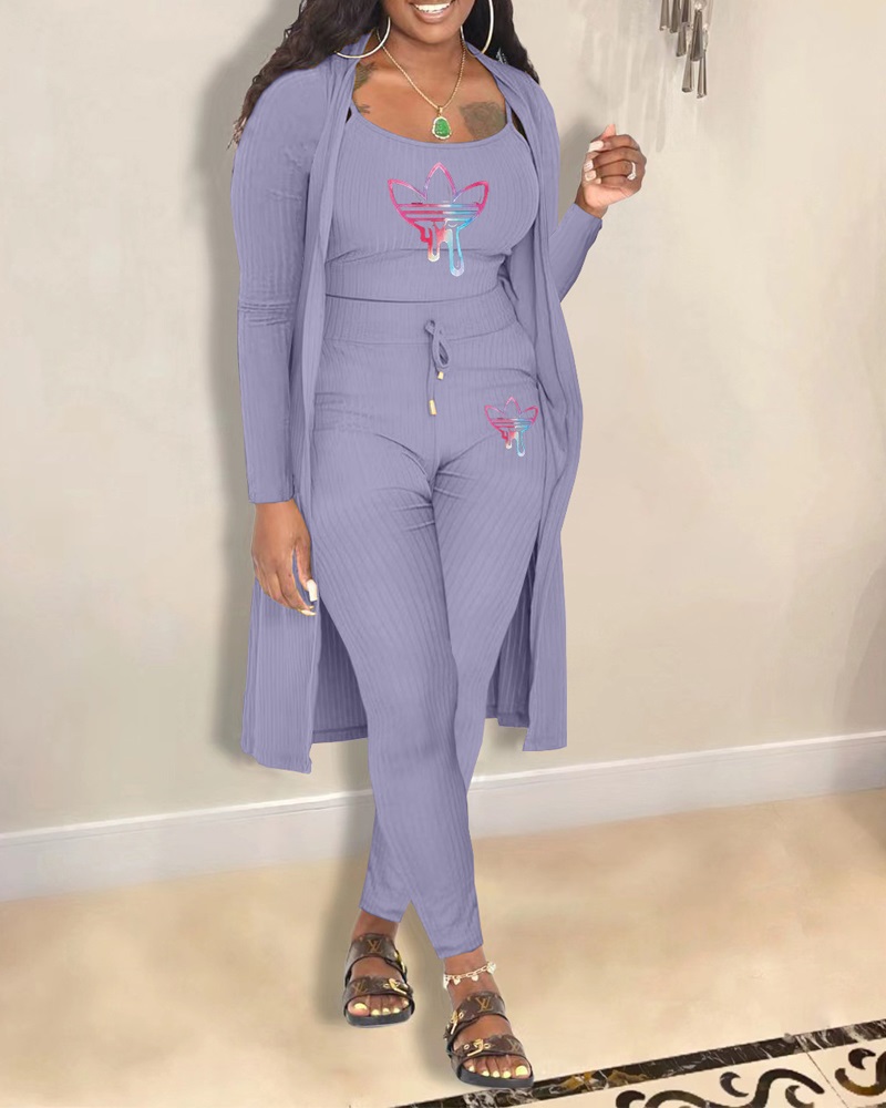 

3PCS Graphic Print Ribbed Cami Top & Pants Set With Coat, Purple