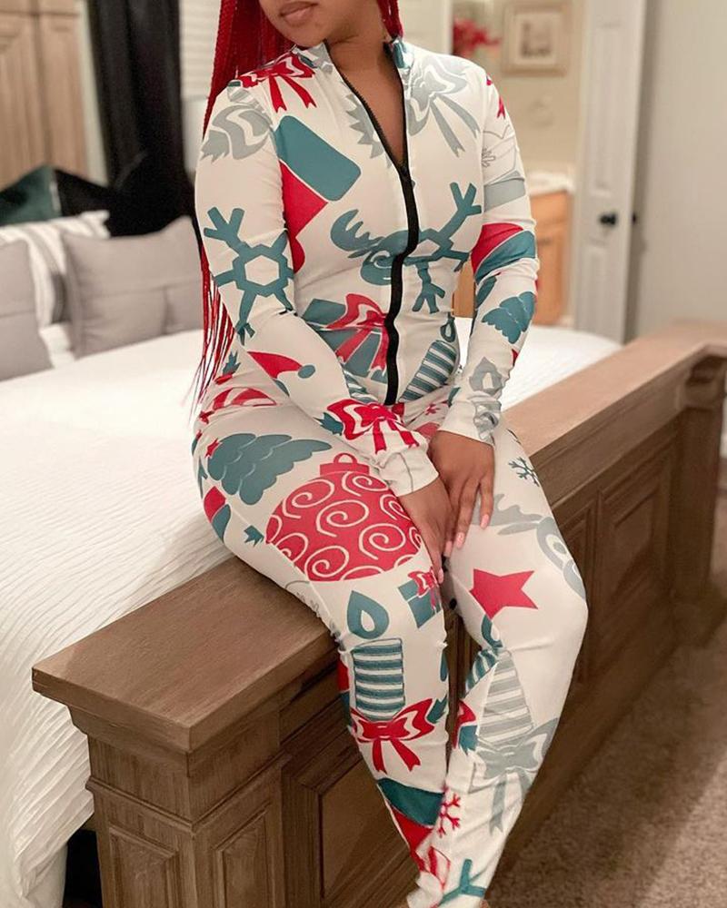 

Christmas Print Button Design Lounge Jumpsuit, White