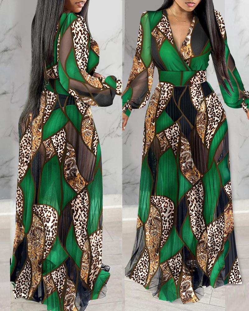 

Leopard Print Lantern Sleeve Sheer V-Neck Sheer Mesh Maxi Dress Elegant Evening Dress, Green