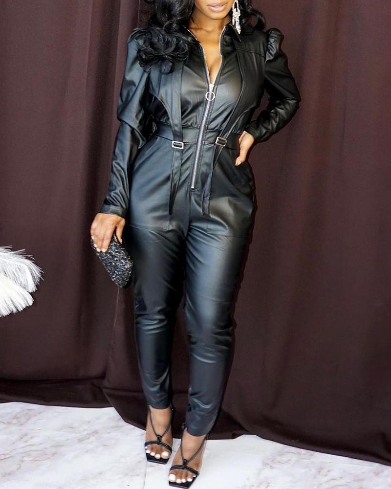 

Puff Sleeve Zipper Design PU Leather Jumpsuit, Black