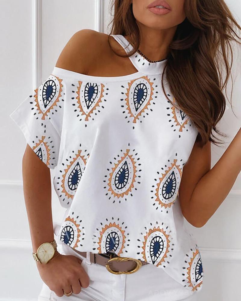

Paisley Print Cold Shoulder Casual T-shirt, White
