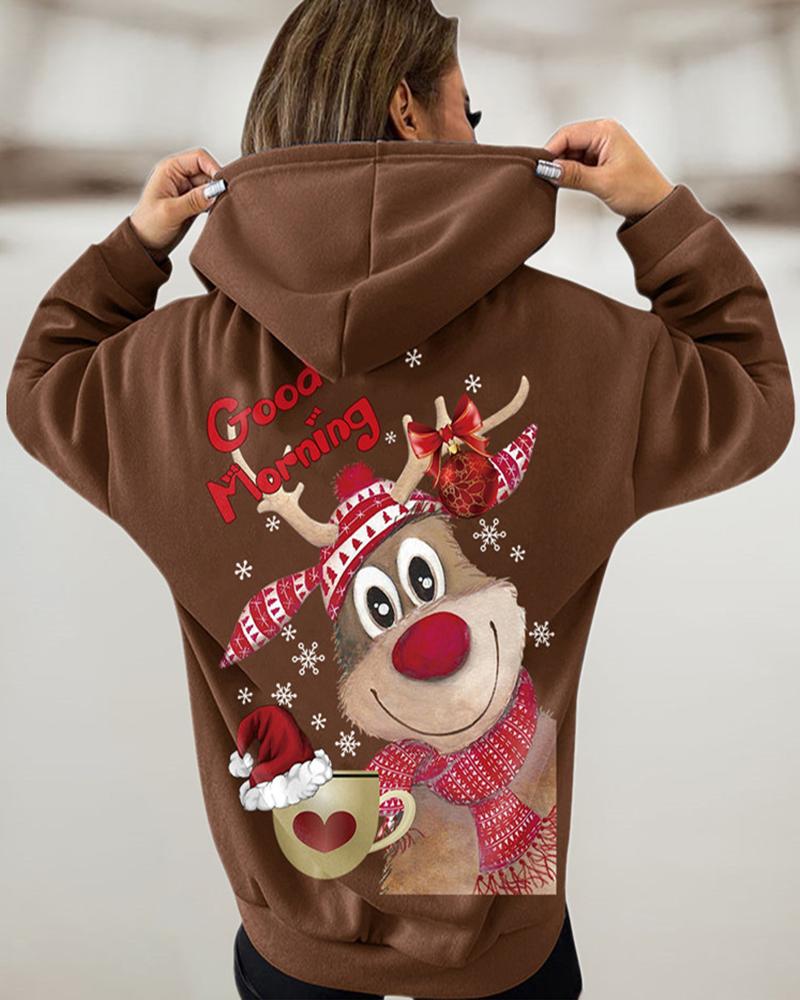 

Christmas Elk Letter Graphic Print Hooded Sweatshirt, Brown