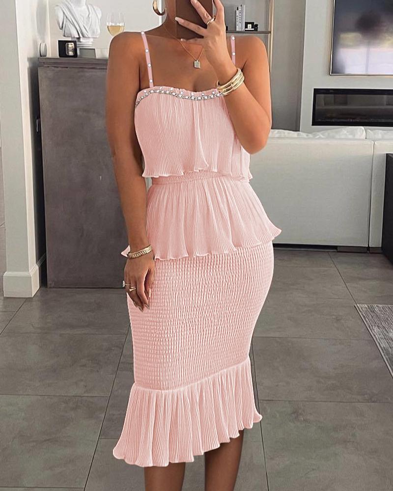 

Beaded Chain Decor Ruffle Hem Shirred Party Dress, Pink