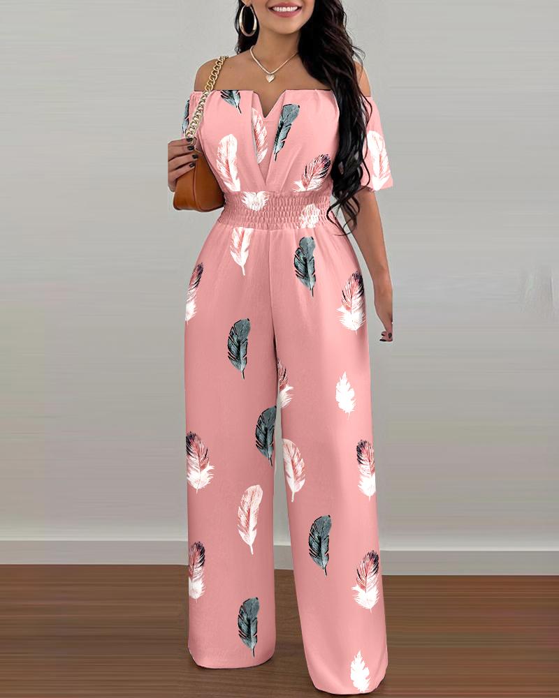 

Feather Print Off Shoulder Shirred Waist Jumpsuit, Pink