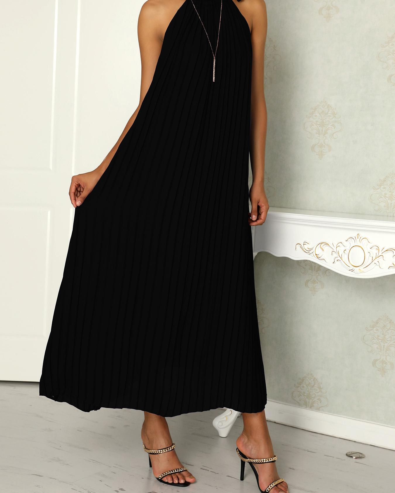 

Hot Summer Halter Pleated Casual Maxi Dress, Black