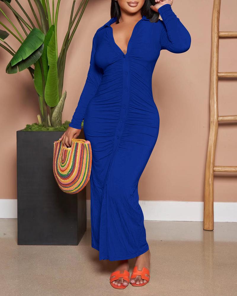 

Long Sleeve Button Down Ruched Shirt Dress, Blue