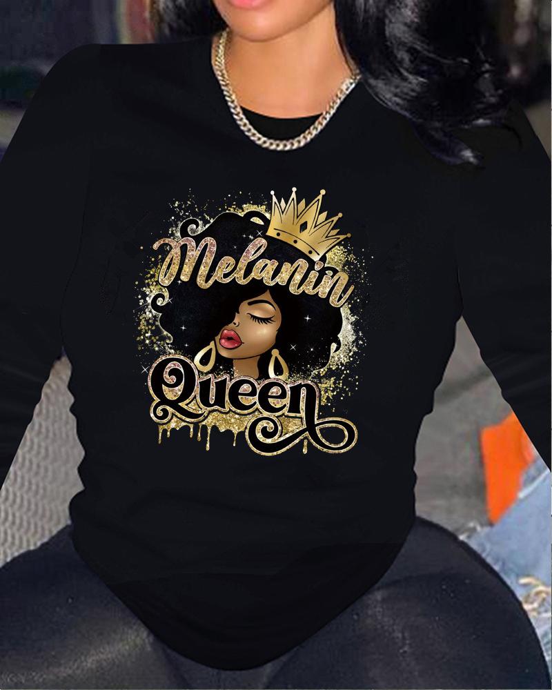 

Plus Size Figure Letter Print Long Sleeve Top, Black