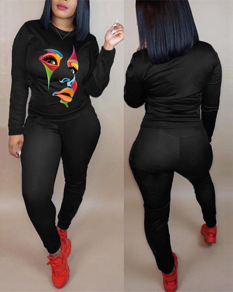 

Abstract Figure Print Long Sleeve Top & Pants Set, Black