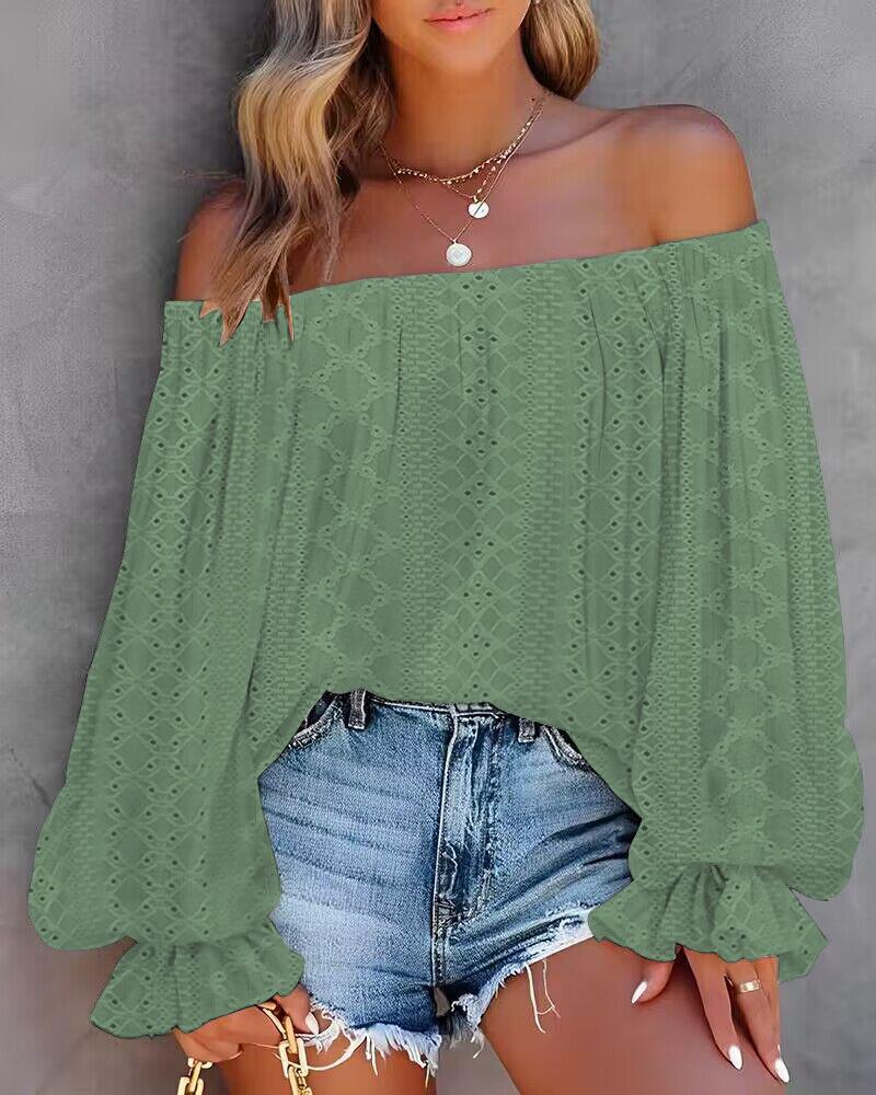 

One Shoulder Eyelet Embroidery Lantern Sleeve Top, Green