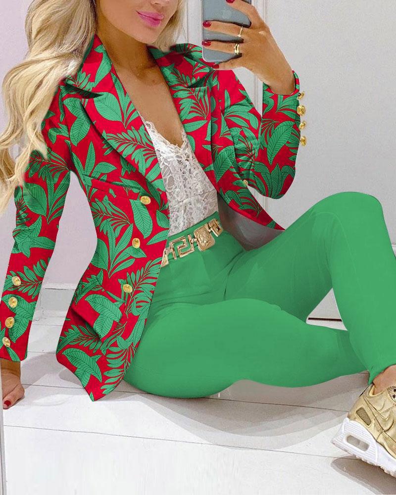 

Tropical Print Double Breasted Blazer & Pants Set, Green