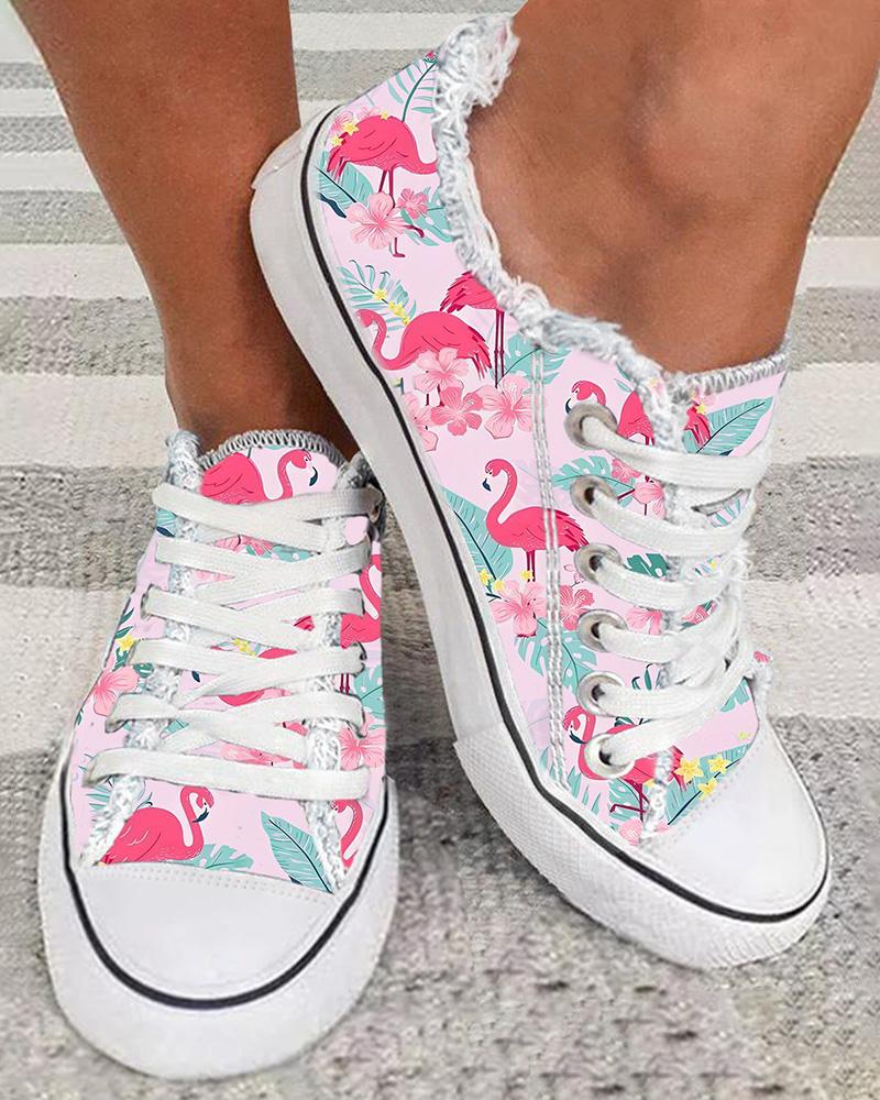 

Flamingo Tropical Floral Print Raw Hem Canvas Sneakers, Pink