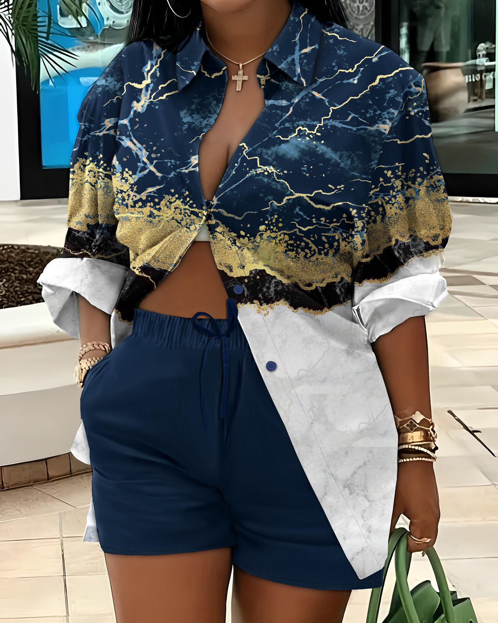 

Marble Print Colorblock Buttoned Shirt & Shorts Set, Blue