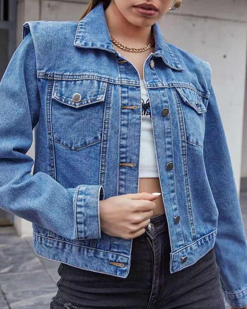 

Button Pocket Design Long Sleeve Denim Coat, Blue