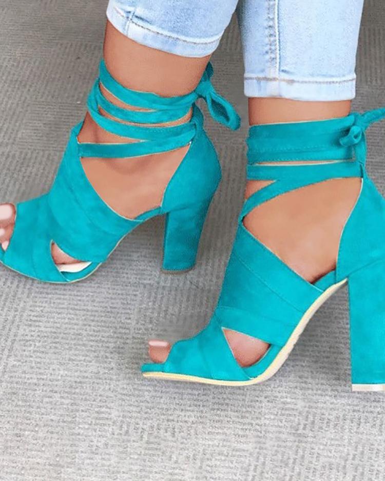 

Lace Up Block Heels Sandals, Blue