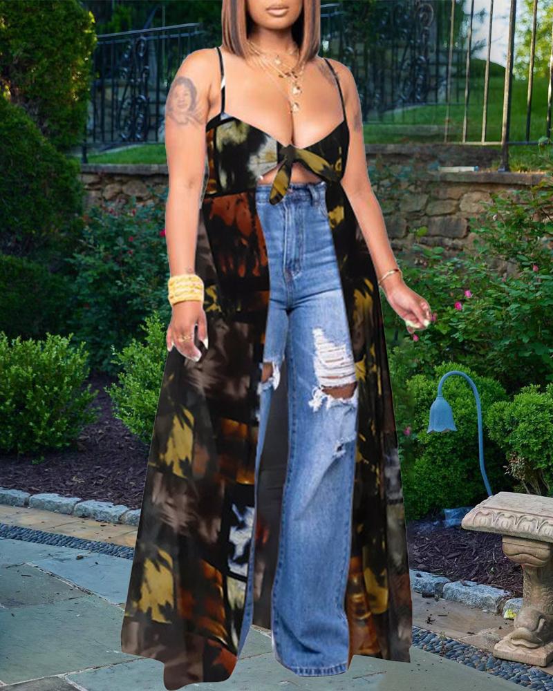 

Plus Size Tie Dye Print High Slit Longline Cami Top, Black