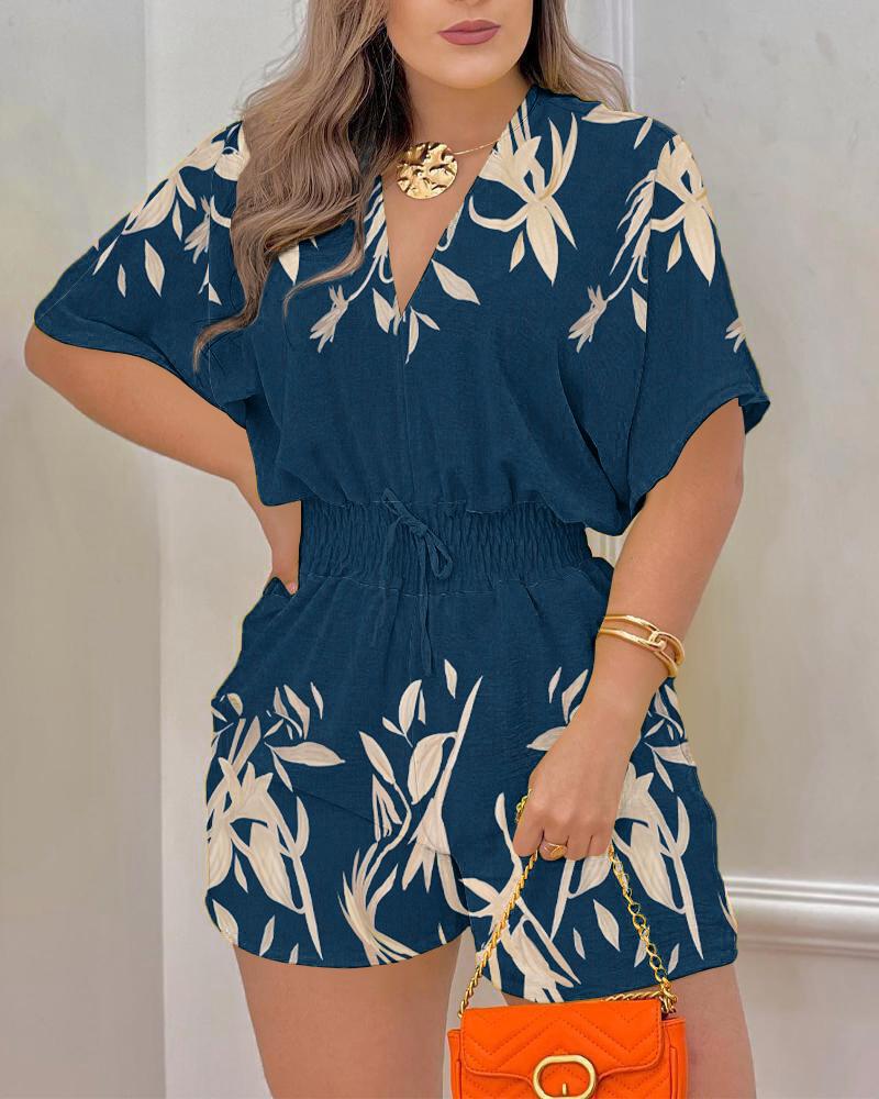 

Plants Print Batwing Sleeve Shirred Waist Romper, Dark blue