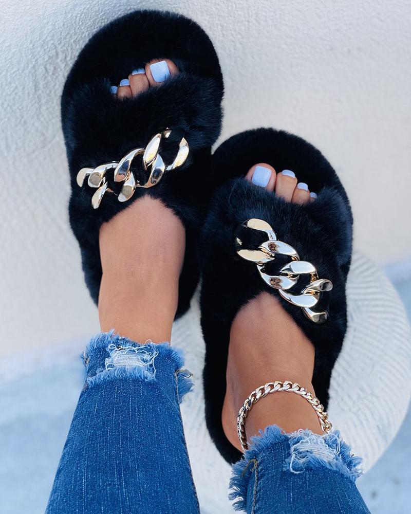 

Chain Decor Bandage Peep Toe Fluffy Slippers, Black