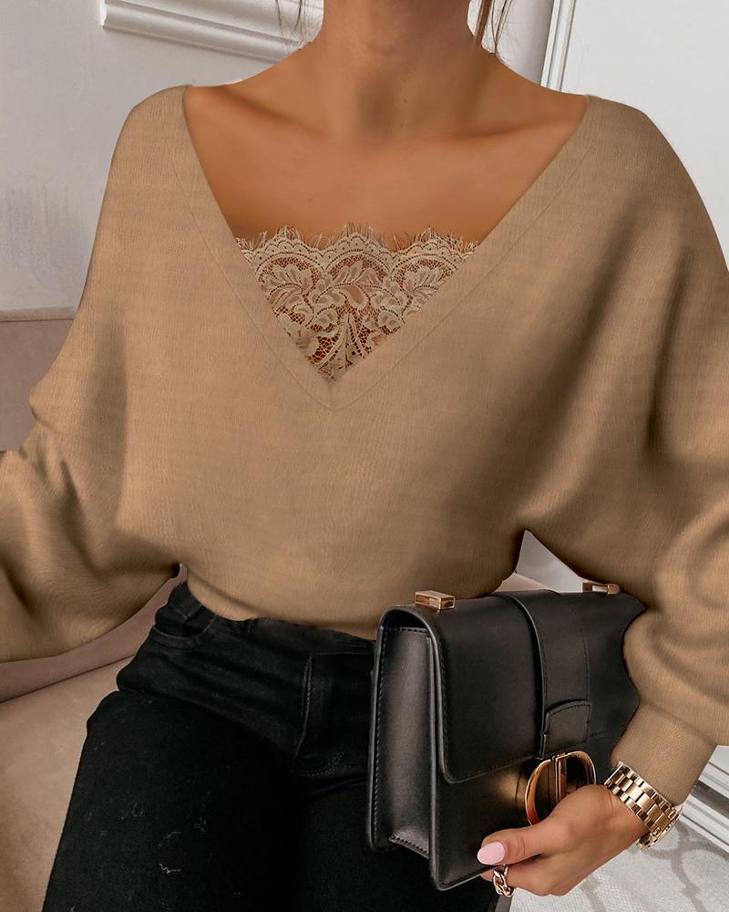 

Lace Trim Batwing Sleeve Tie Back Top, Brown