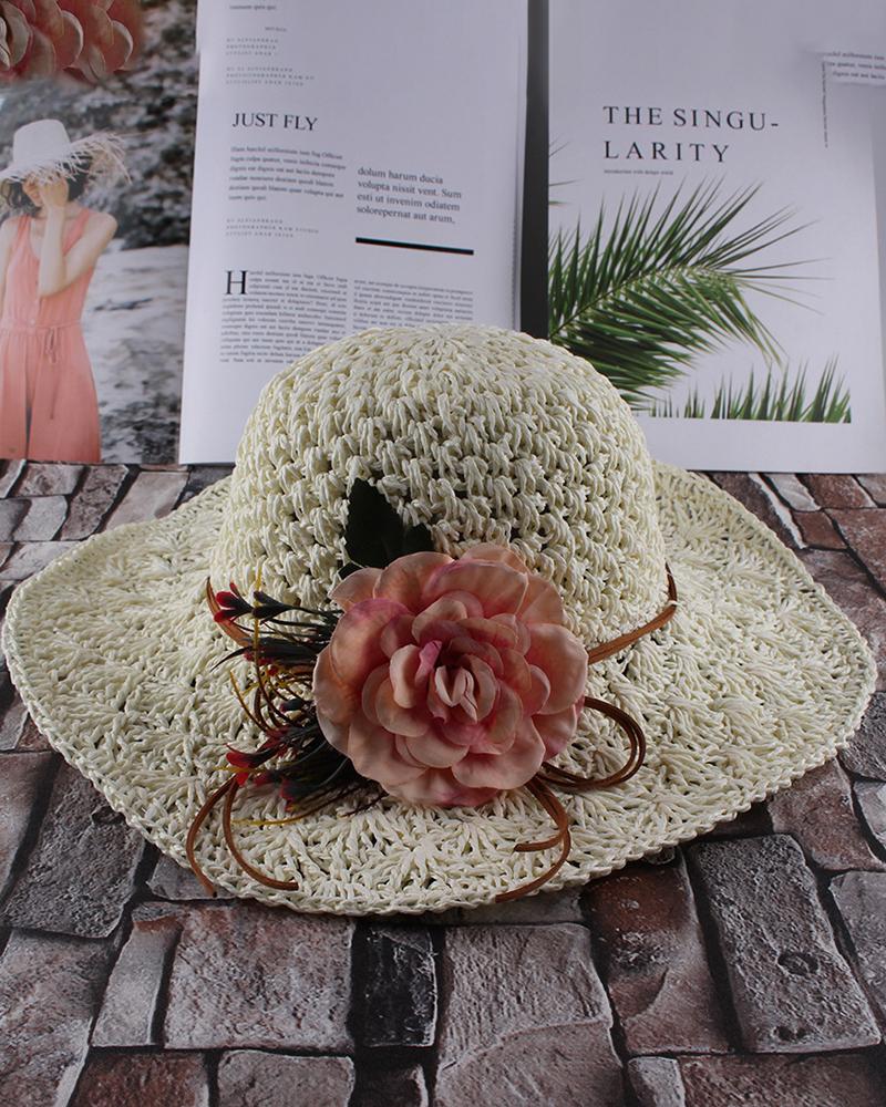 

Floral Pattern Folding Wide Brim Straw Hat, White