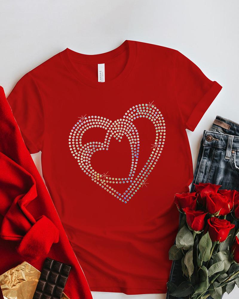 

Valentine's Day Rhinestone Heart Pattern Short Sleeve Top, Red