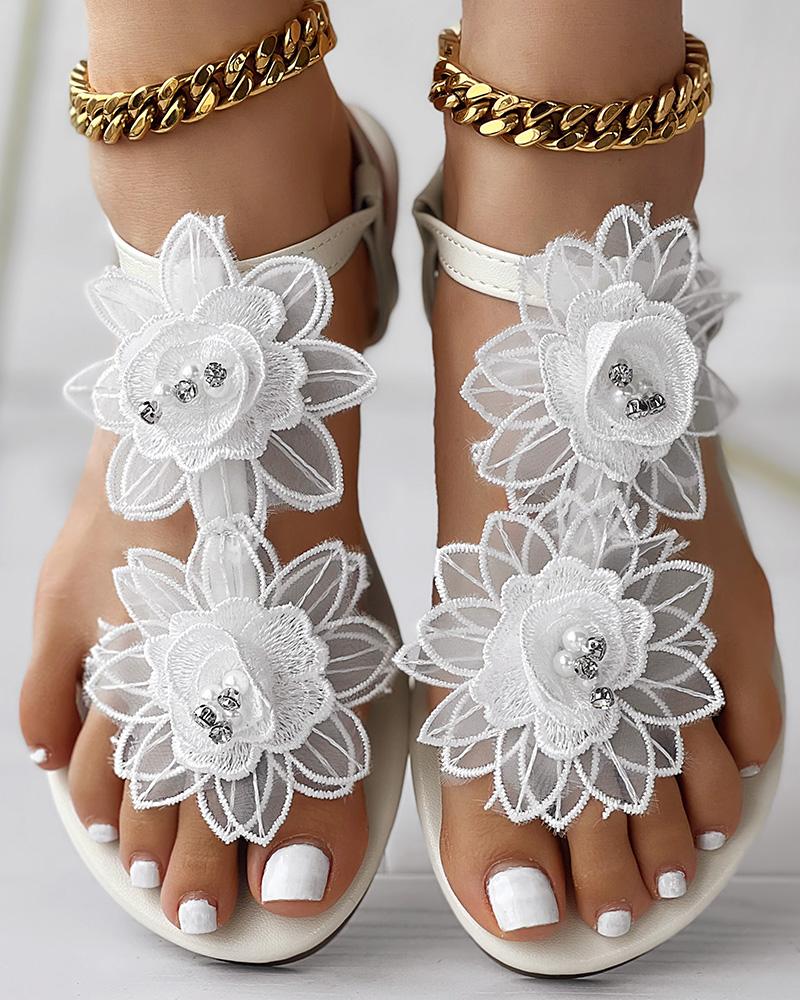 

Lace Floral Pattern Toe Post Summer Sandals, White