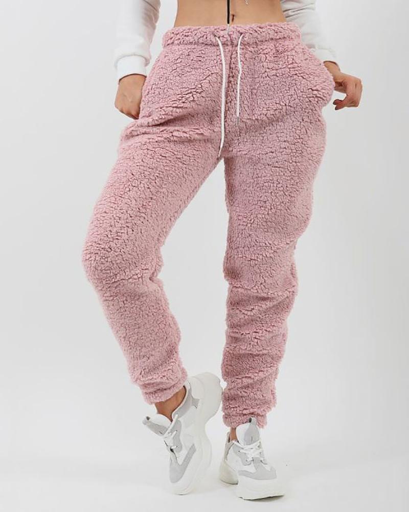 

Drawstring Pocket Decor Fluffy Casual Pants, Pink