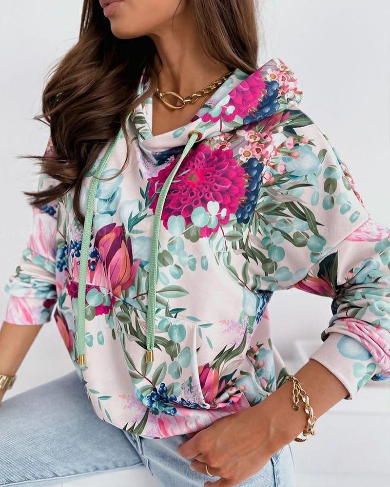 

Floral Print Drawstring Hooded Pocket Sweatshirt, Hot pink