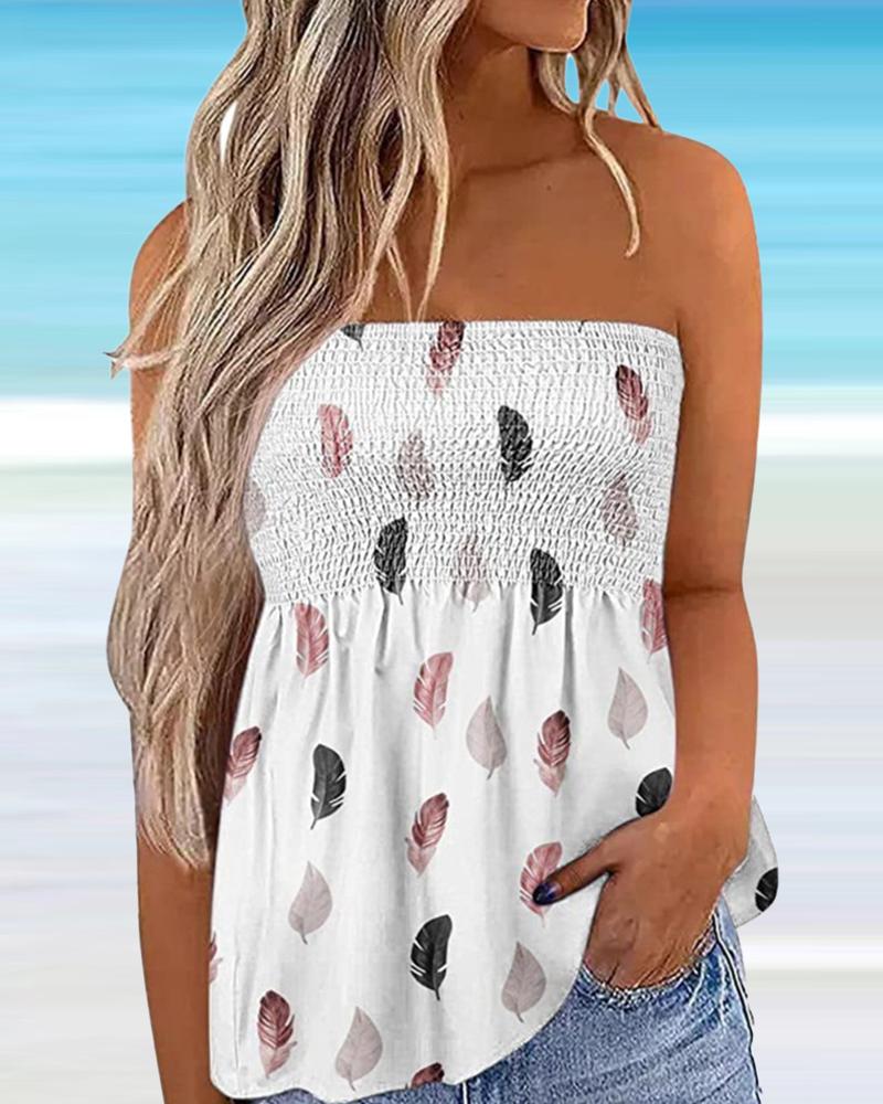 

Feather Print Shirred Tube Top, White