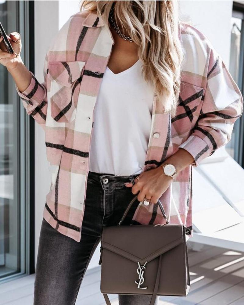 

Plaid Print Long Sleeve Button Up Shacket, Pink