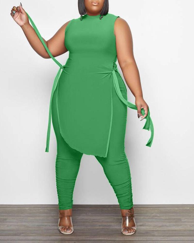 

Plus Size Tied Detail Asymmetrical Top & Ruched Pants Set, Green