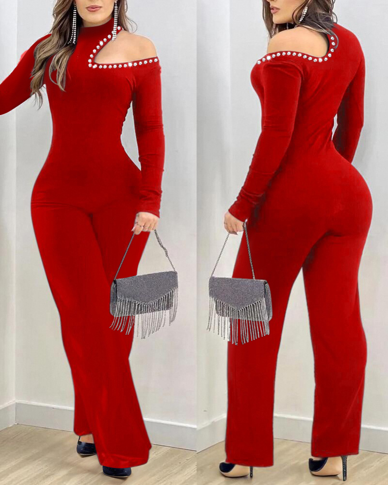 

Combinaison à épaules dénudées et col haut avec strass et manches longues, coupe slim évasée, Red