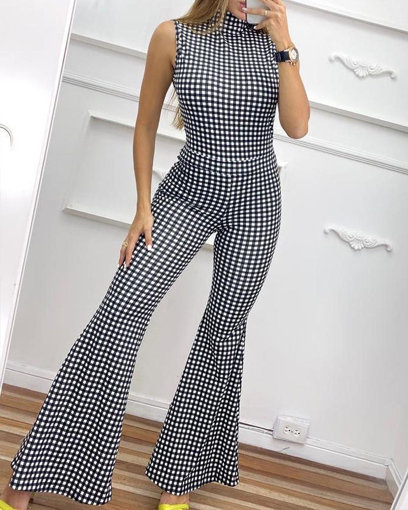 

Plaid Print Backless Flared Leg Jumpsuit, Blackwhite