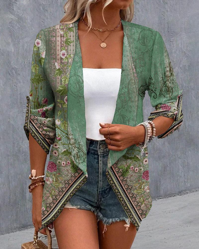 

Floral Tribal Print Roll Up Sleeve Coat, Green
