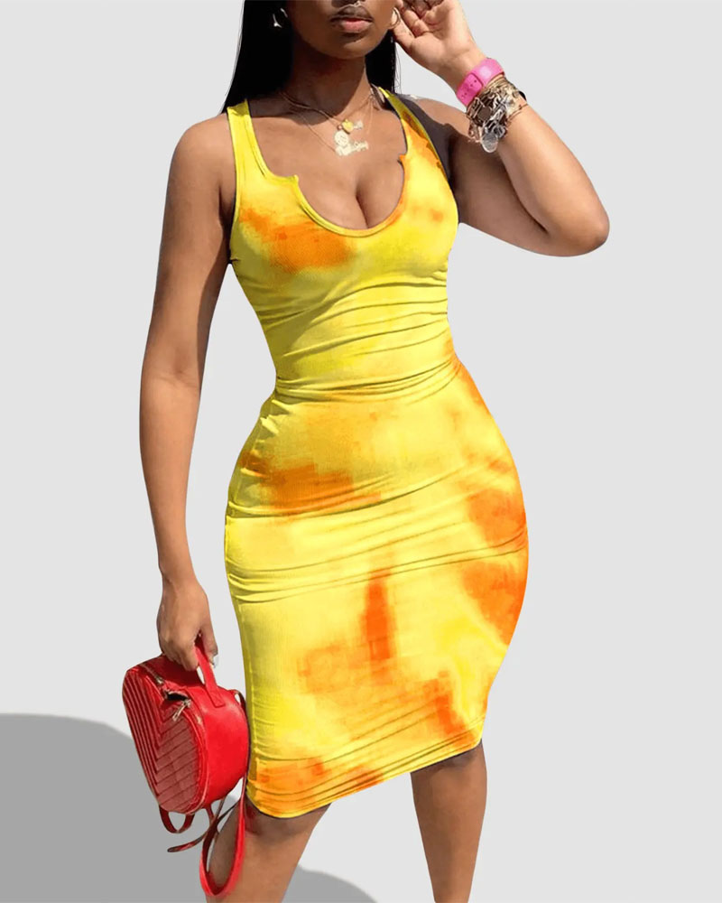 

Tie Dye Tropical Print Bodycon Tank Dress, Yellow