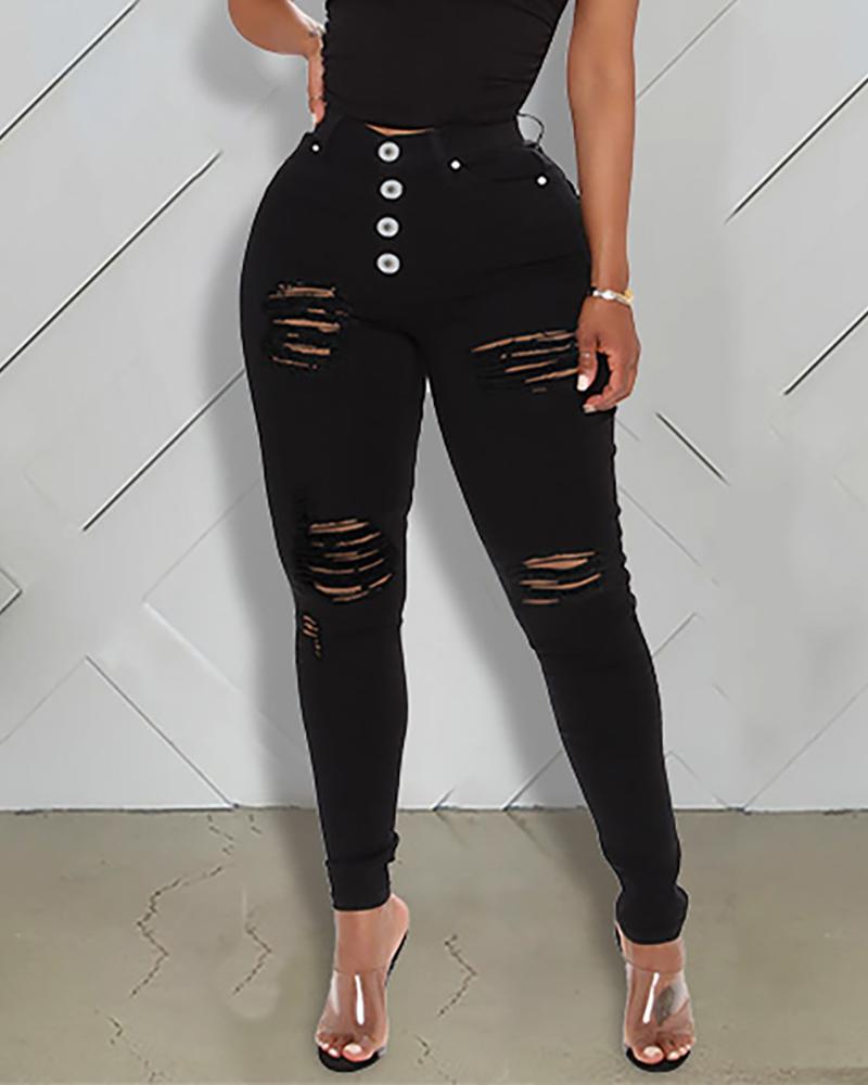 

High Waist Cut Out Buttoned Jeans, Black