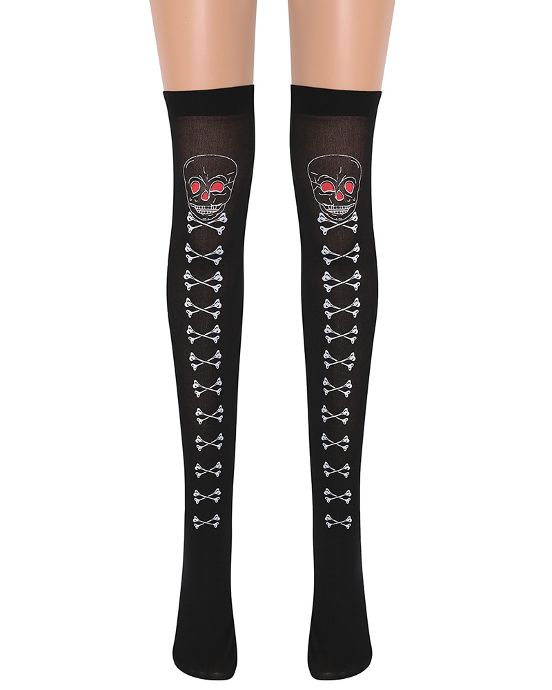 

Halloween Pirate Skull Print Stockings, Black
