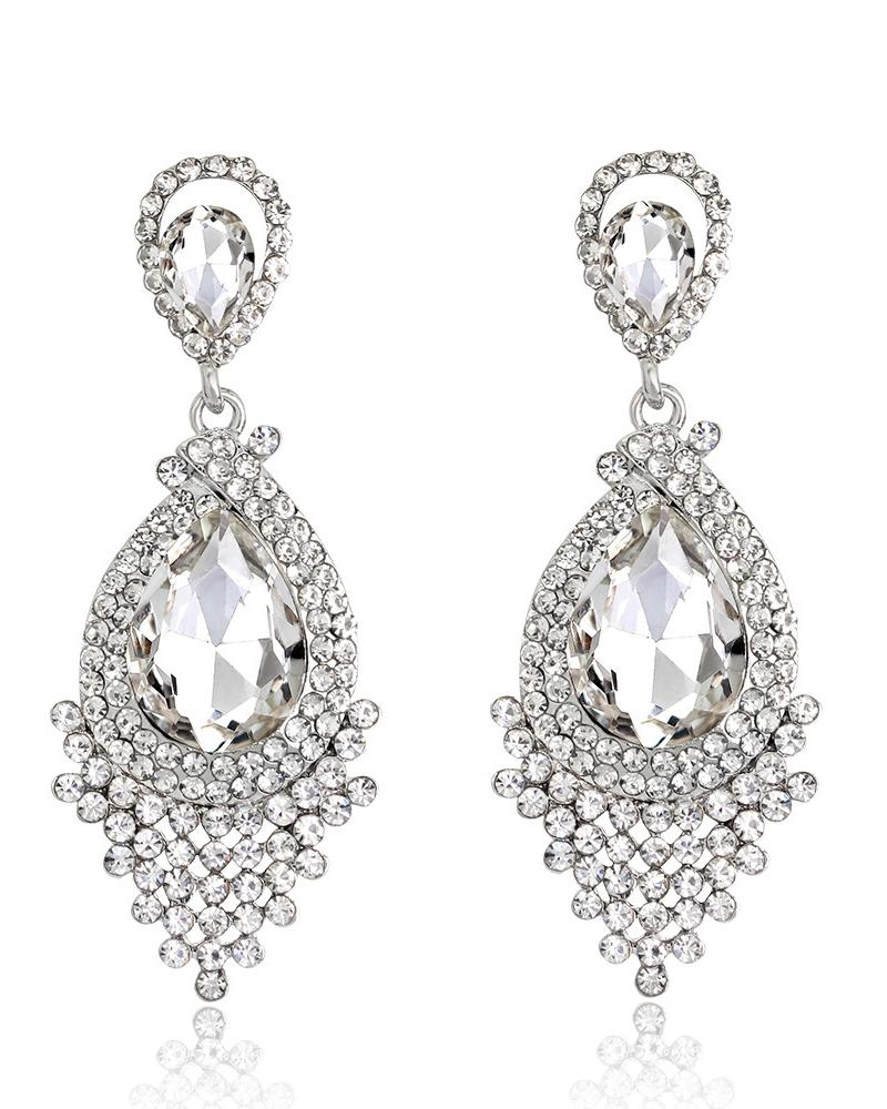 

1Pair Waterdrop Shaped Rhinestone Studded Drop Earrings, Silver